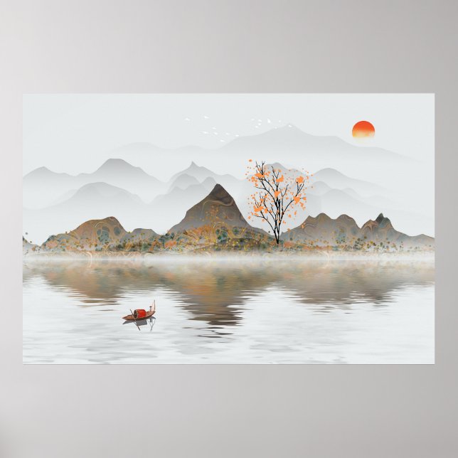 Chinesische Naturlandschaft Tintenzeichnung Poster (Vorne)
