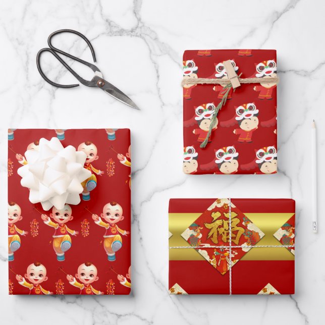 Chinesische Neujahrskinder-Ideogrammmuster W3PS Geschenkpapier Set (Vorderseite)