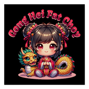 Chinesische Neujahrsmädchen und Drache Poster