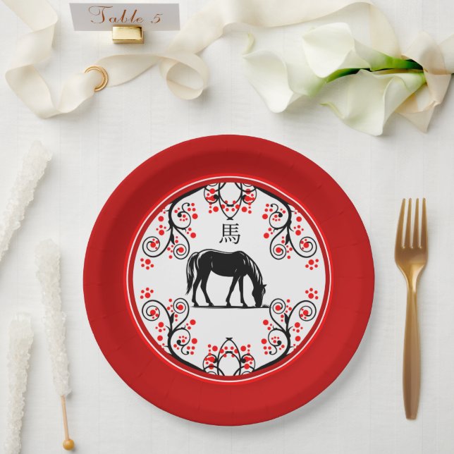 Chinesische Neujahrspferde und rote Blüten Pappteller (Hochzeit)