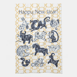 Chinesische Neujahrstiere Zodiac Minimal Blue Gold Geschirrtuch