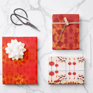 Chinesische New Year Lion Dance Lanterns W3PS Geschenkpapier Set