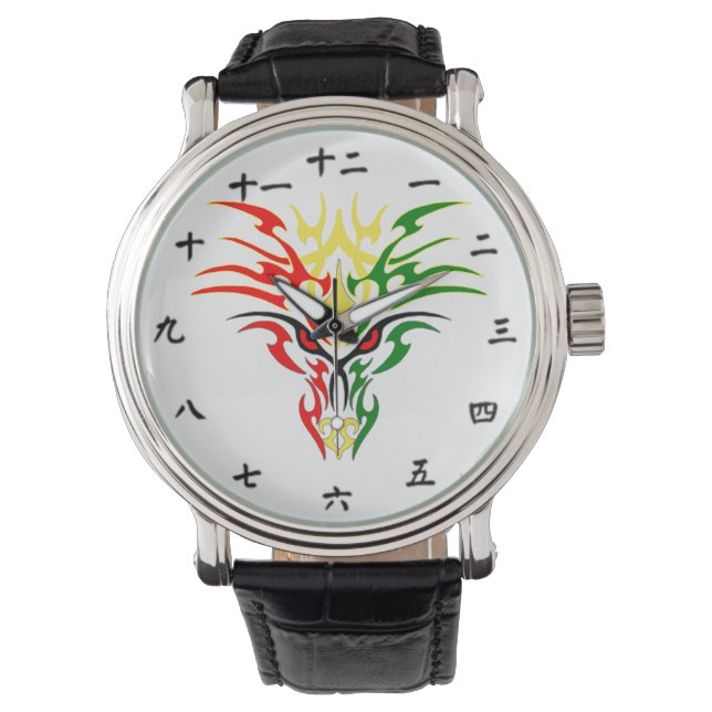 Chinesische Nummer und jamaikanisches Drachendesig Armbanduhr (Vorderseite)