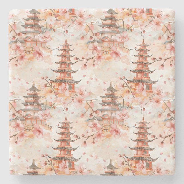 Chinesische Pagode mit Kirschblüten (1) Steinuntersetzer (Vorderseite)