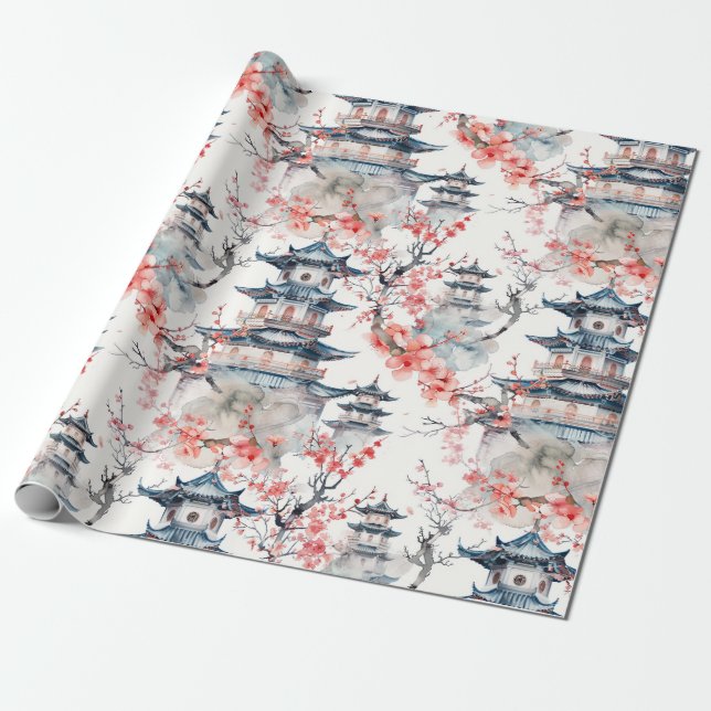 Chinesische Pagode mit Kirschblüten (4) Geschenkpapier (Ungerollt)
