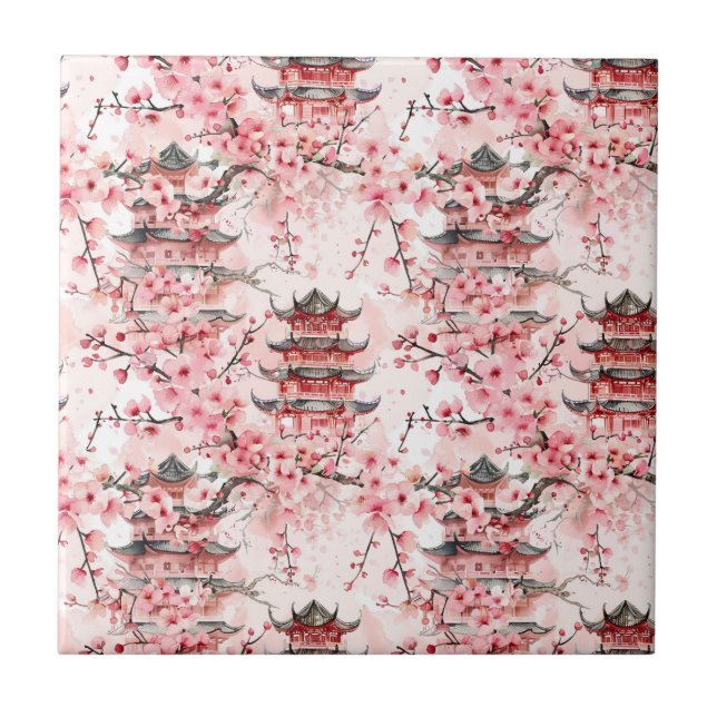 Chinesische Pagode mit Kirschblüten (7) Fliese (Vorderseite)