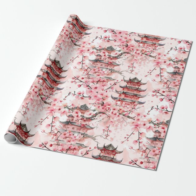 Chinesische Pagode mit Kirschblüten (7) Geschenkpapier (Ungerollt)