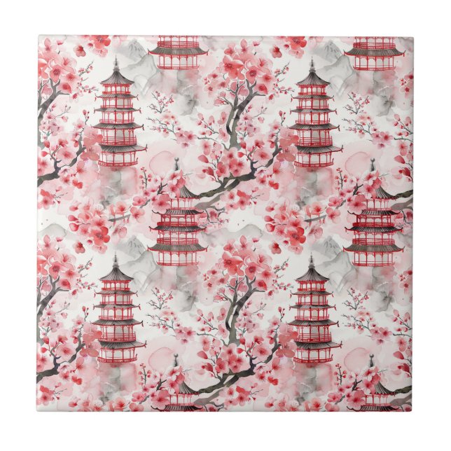 Chinesische Pagode mit Kirschblüten (9) Fliese (Vorderseite)