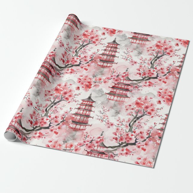 Chinesische Pagode mit Kirschblüten (9) Geschenkpapier (Ungerollt)