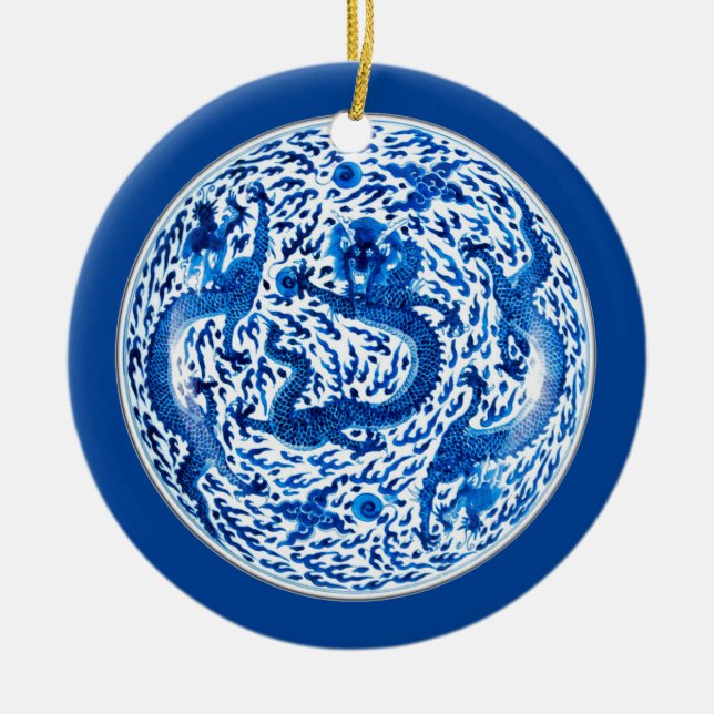 Chinesische Porzellanplatte, Kobaltdrachen Keramik Ornament (Vorne)