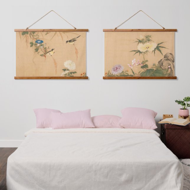 Chinesische Qing-Dynastie Vögel und Blume Wandteppich Mit Holzrahmen (Schlafzimmer)