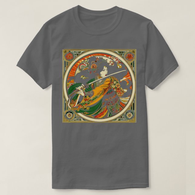 Chinesische Schwertfrau im Jugendstil von Mucha T-Shirt (Design vorne)