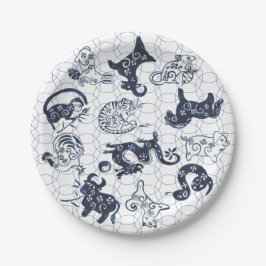 Chinesische Silvester Blaue Tierische Zodiakzeiche Pappteller