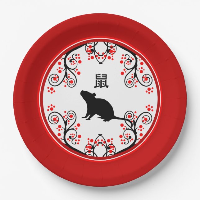 Chinesische Silvesterräte mit roten Blüten Pappteller (Vorderseite)