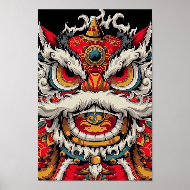 Chinesische Tanzlion - farbenfrohe Illustration Poster (Vorne)