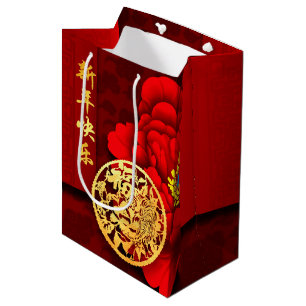 Chinesische Tiger-Papier-schneiden Peonies New Yea Mittlere Geschenktüte