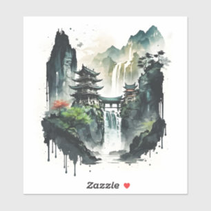 Chinesische Tintenlandschaft mit Wasserfall Aufkleber