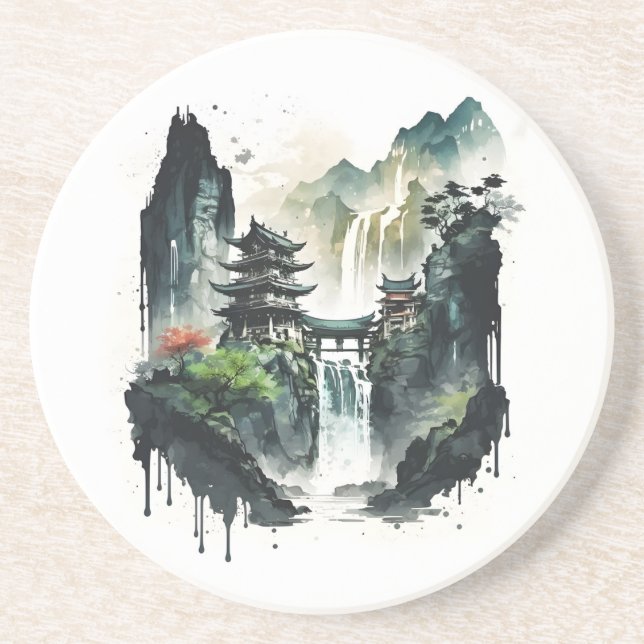 Chinesische Tintenlandschaft mit Wasserfall Getränkeuntersetzer (Vorne)