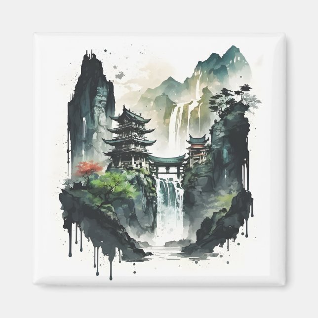 Chinesische Tintenlandschaft mit Wasserfall Magnet (Vorne)