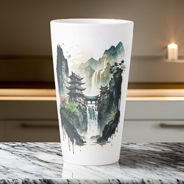 Chinesische Tintenlandschaft mit Wasserfall Milchtasse (Enjoy moments of reflection with each sip. ☕️⛰️)