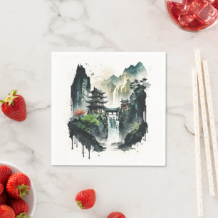 Chinesische Tintenlandschaft mit Wasserfall Serviette