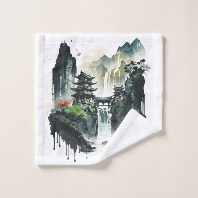 Chinesische Tintenlandschaft mit Wasserfall Waschlappen (Waschlappen)