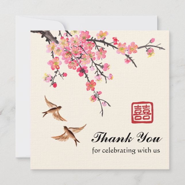 Chinesische Tintenmalerei Blume und Vogelhochzeit Dankeskarte (Vorderseite)