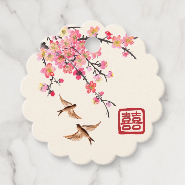Chinesische Tintenmalerei Blume und Vogelhochzeit Geschenkanhänger (Vorderseite)