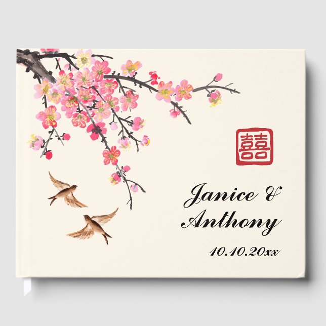 Chinesische Tintenmalerei Blume Vögel Hochzeit Gästebuch (Vorderseite)