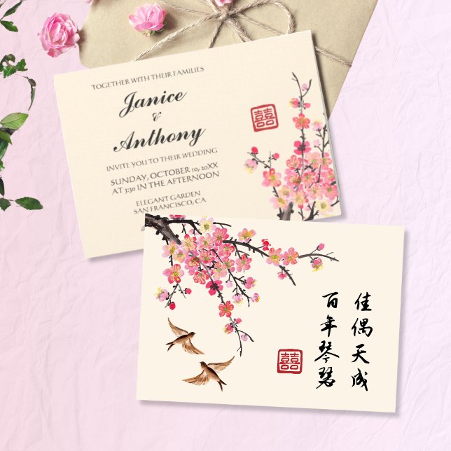 Chinesische Tintenmalerei Blume Vögel Hochzeitsnot Einladung (Von Creator hochgeladen)