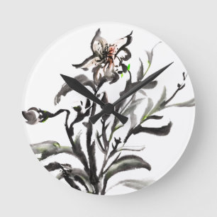 Chinesische traditionelle Tintenmalerei-Blumen Runde Wanduhr