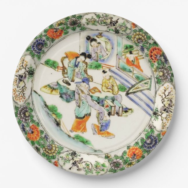 Chinesische Vintage Chinoiserie Blumen Pappteller (Vorderseite)