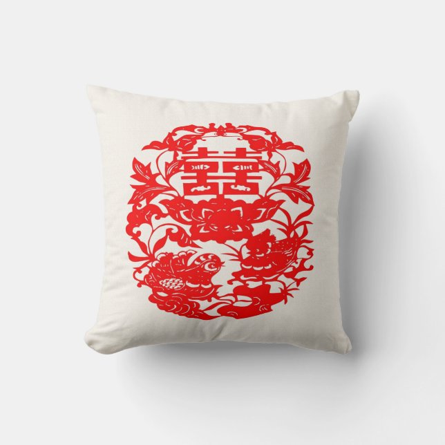 Chinesische Volkskunst-Doppelt-Glück-Liebe-Vögel Kissen (Vorderseite)