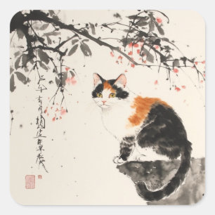 Chinesische Wasserfarbe - Calico-Katze Quadratischer Aufkleber