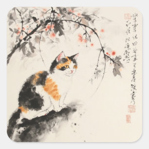 Chinesische Wasserfarbe - Calico-Katze Quadratischer Aufkleber