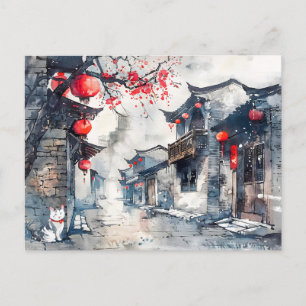 Chinesische Wasserfarbe Laterne-Lit Altstadt Postkarte