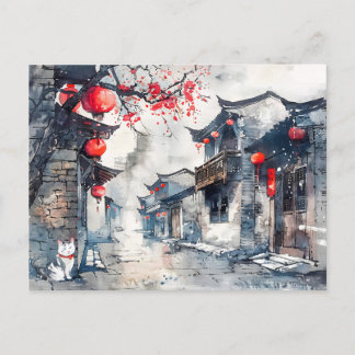 Chinesische Wasserfarbe Laterne-Lit Altstadt Postkarte