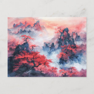 Chinesische Wasserfarben Herbstgebirge bei Sonnenu Postkarte