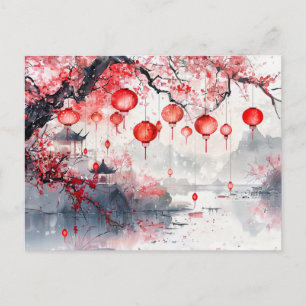 Chinesische Wasserfarbenlaternen und blühende Bäum Postkarte