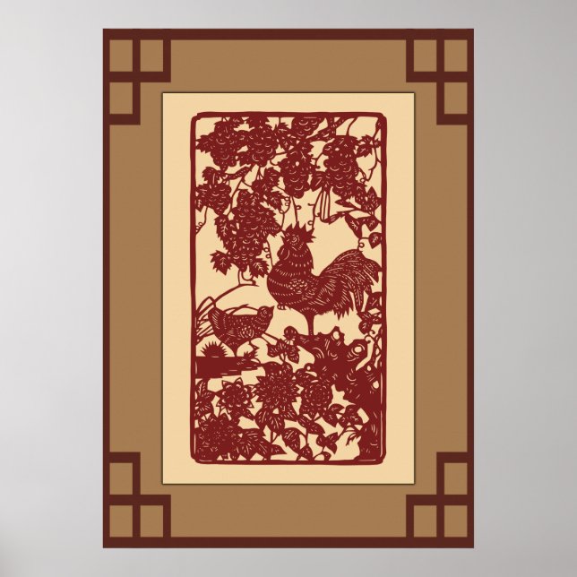 Chinesische Zodiac Rooster Papercut Szene Poster (Vorne)