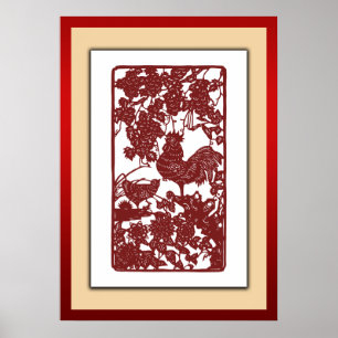 Chinesische Zodiac Rooster Papercut Szene Poster
