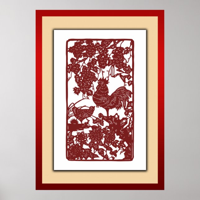 Chinesische Zodiac Rooster Papercut Szene Poster (Vorne)