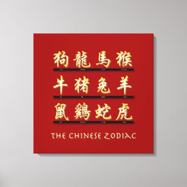 Chinesische Zodiakische Symbole in Gold Leinwanddruck (Vorderseite)