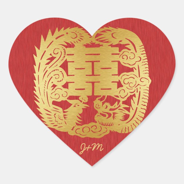 Chinesischer Doppelglücksdrache / Phönix Hochzeit Herz-Aufkleber (Vorderseite)