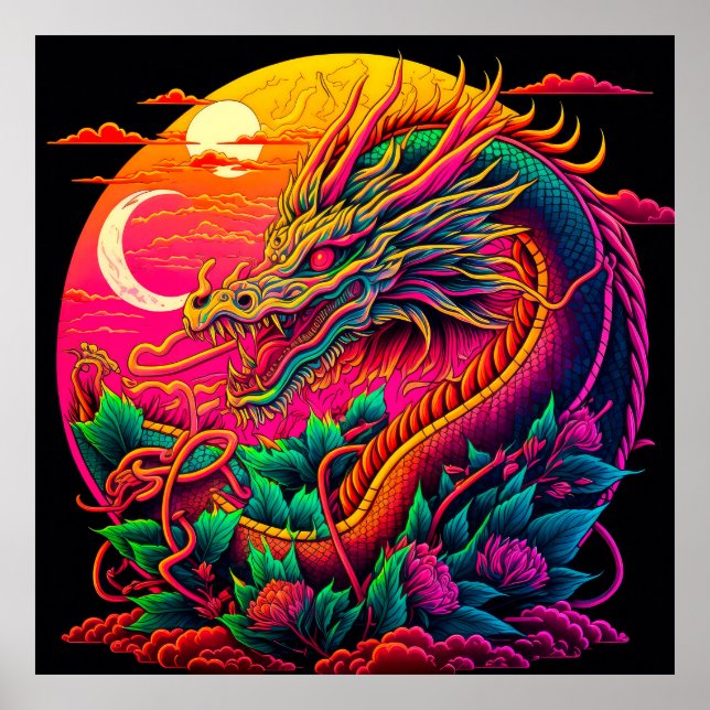 Chinesischer Drache farbenfroher Neondesign Poster (Vorne)