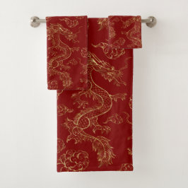 Chinesischer Drache Gold und Dunkelrot Badhandtuch Set