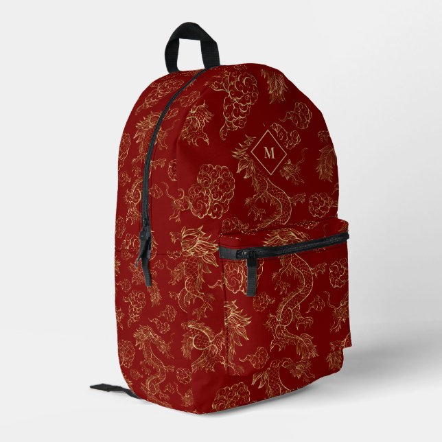 Chinesischer Drache Gold und Dunkelrot Bedruckter Rucksack (Rückseitige Ecke links)