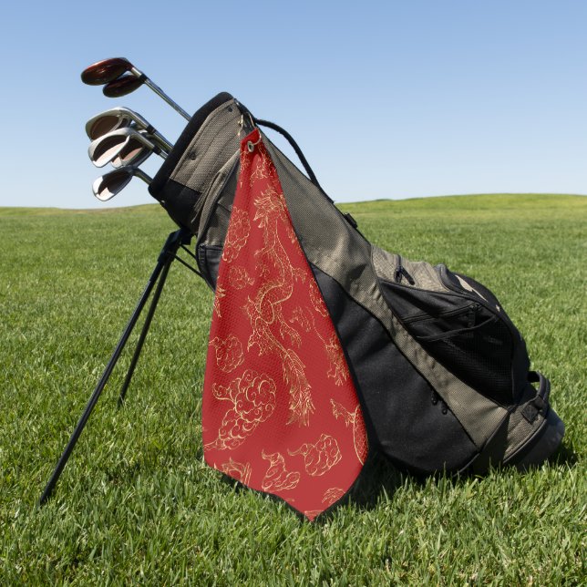 Chinesischer Drache Gold und Dunkelrot Golfhandtuch (Gras)