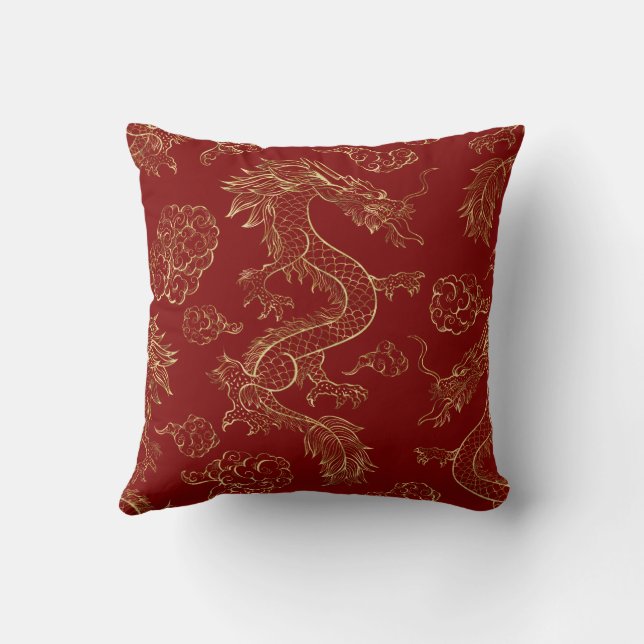 Chinesischer Drache Gold und Dunkelrot Kissen (Rückseite)