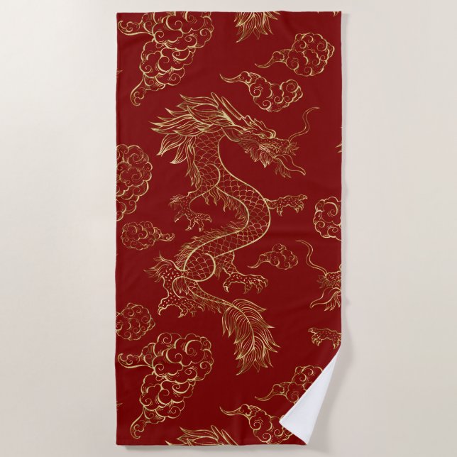 Chinesischer Drache Gold und Dunkelrot Strandtuch (Vorderseite)